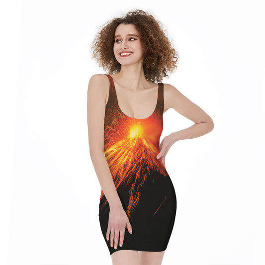 Fire Volcano Print Sleeveless Bodycon Dress