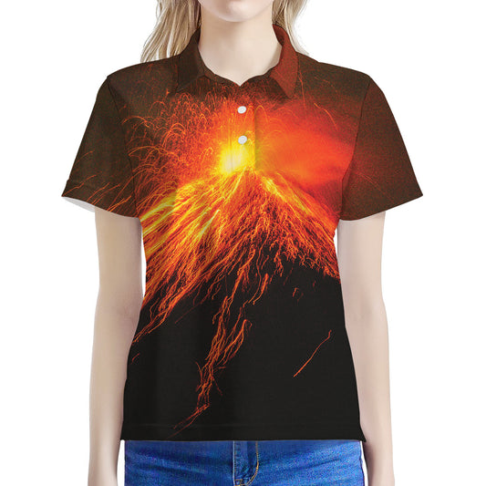 Fire Volcano Print Women's Polo Shirt