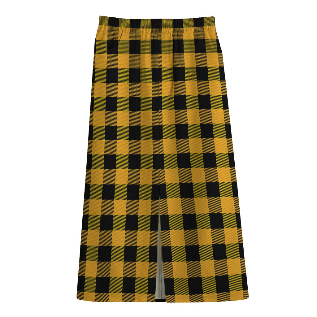 Fire Yellow Buffalo Check Pattern Print Cotton Front Slit Maxi Skirt