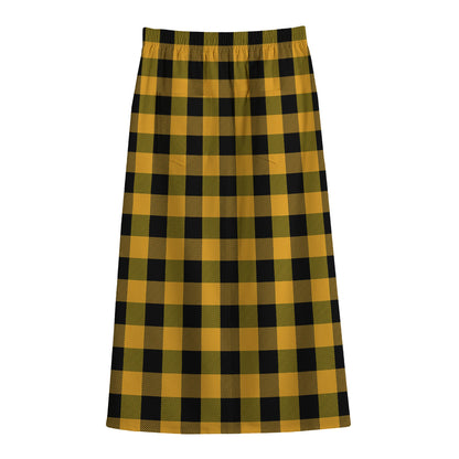 Fire Yellow Buffalo Check Pattern Print Cotton Front Slit Maxi Skirt