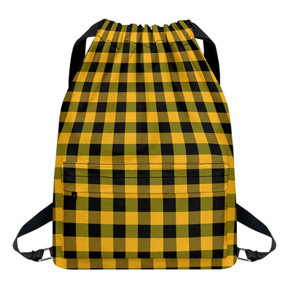 Fire Yellow Buffalo Check Pattern Print Drawstring Backpack