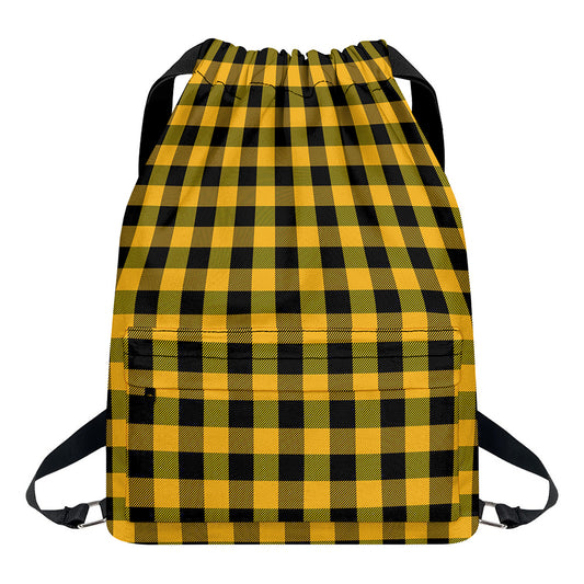 Fire Yellow Buffalo Check Pattern Print Drawstring Backpack