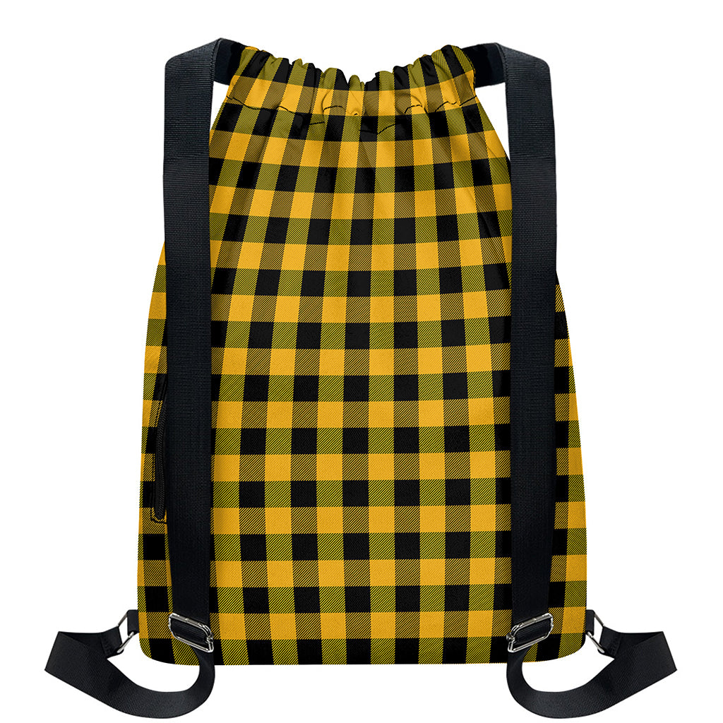 Fire Yellow Buffalo Check Pattern Print Drawstring Backpack