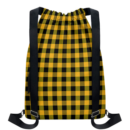 Fire Yellow Buffalo Check Pattern Print Drawstring Backpack