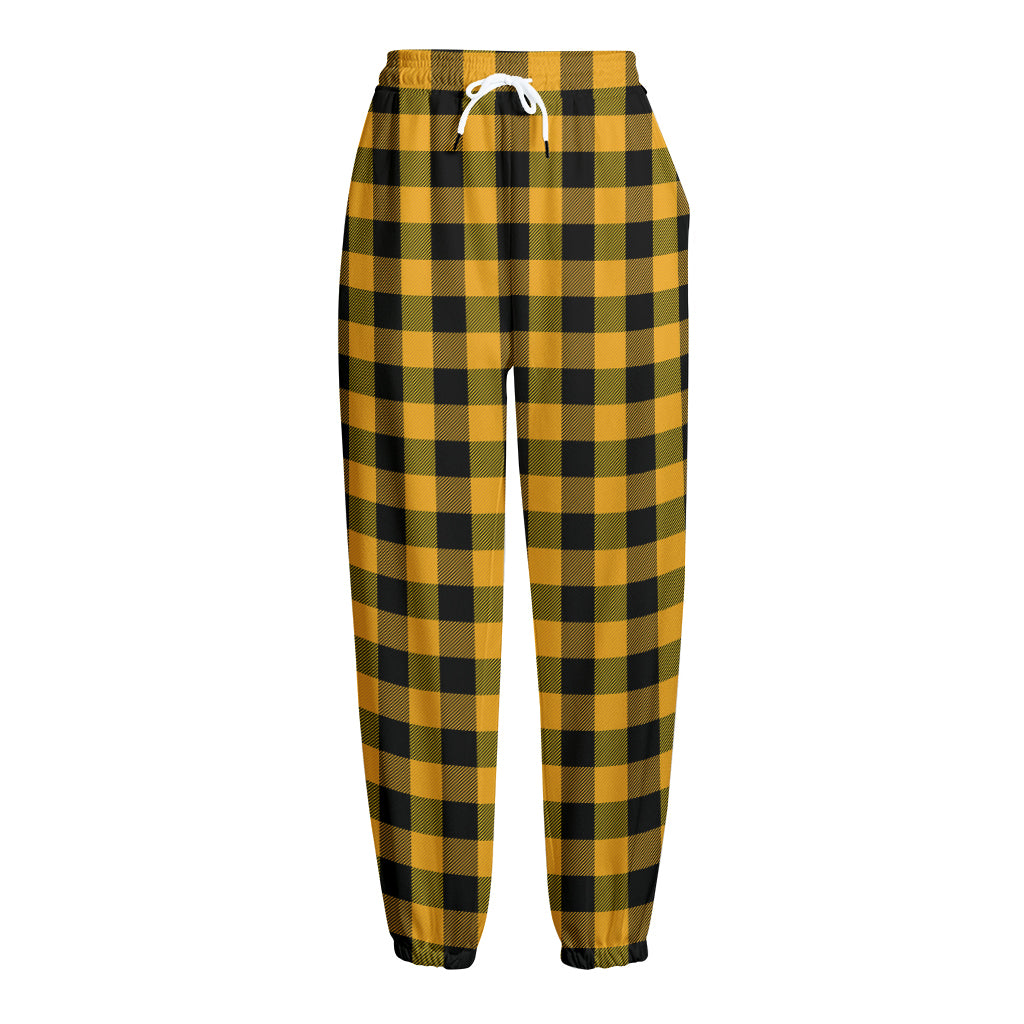 Fire Yellow Buffalo Check Pattern Print Fleece Lined Knit Pants