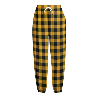 Fire Yellow Buffalo Check Pattern Print Fleece Lined Knit Pants