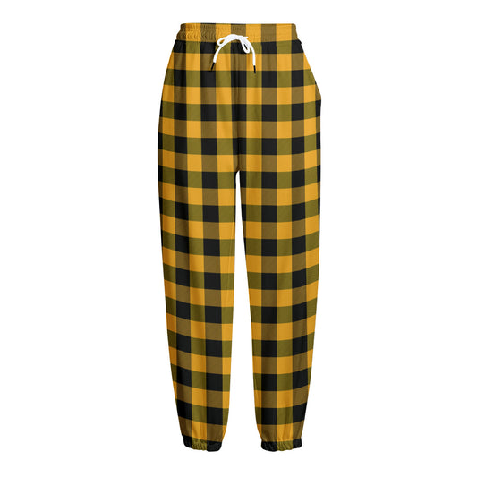 Fire Yellow Buffalo Check Pattern Print Fleece Lined Knit Pants