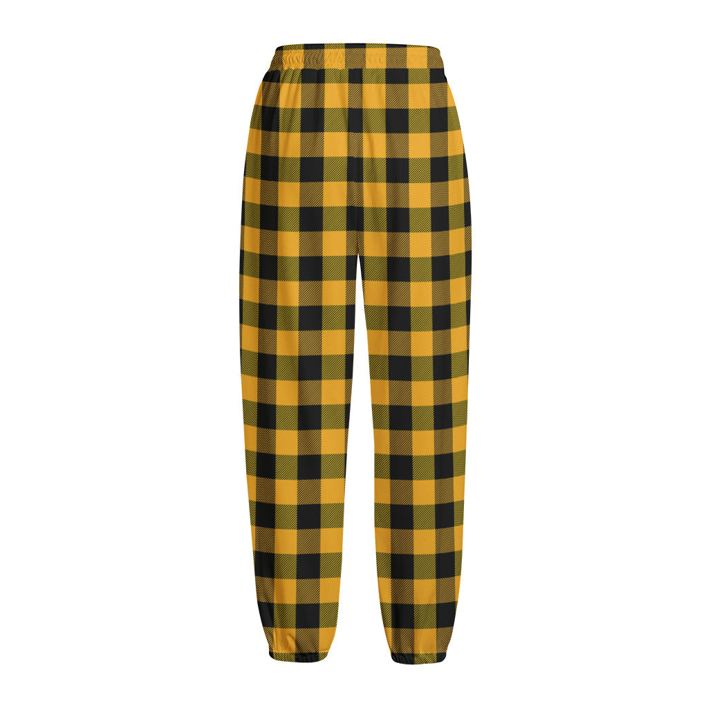 Fire Yellow Buffalo Check Pattern Print Fleece Lined Knit Pants