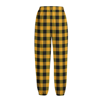 Fire Yellow Buffalo Check Pattern Print Fleece Lined Knit Pants
