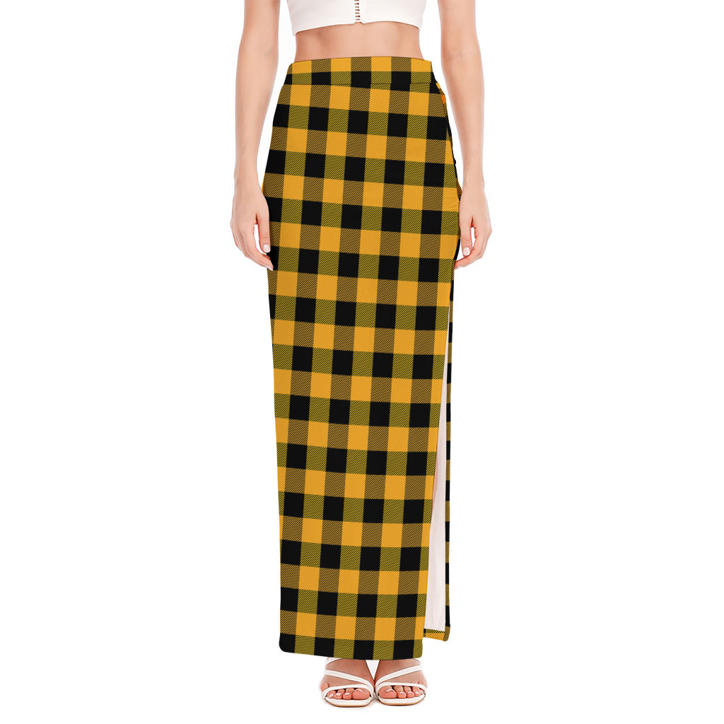 Fire Yellow Buffalo Check Pattern Print High Slit Maxi Skirt
