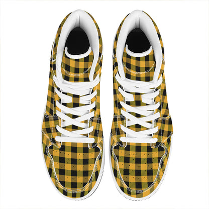 Fire Yellow Buffalo Check Pattern Print High Top Leather Sneakers