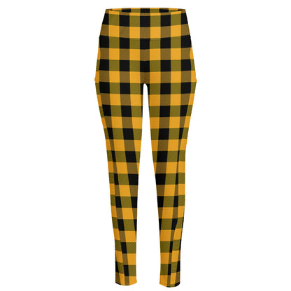 Fire Yellow Buffalo Check Pattern Print High-Waisted Pocket Leggings