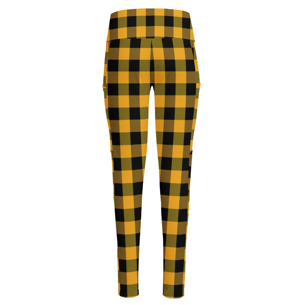 Fire Yellow Buffalo Check Pattern Print High-Waisted Pocket Leggings