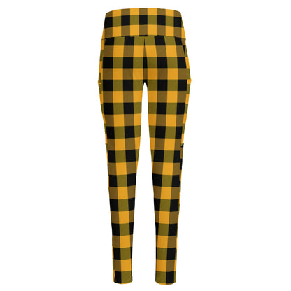 Fire Yellow Buffalo Check Pattern Print High-Waisted Pocket Leggings