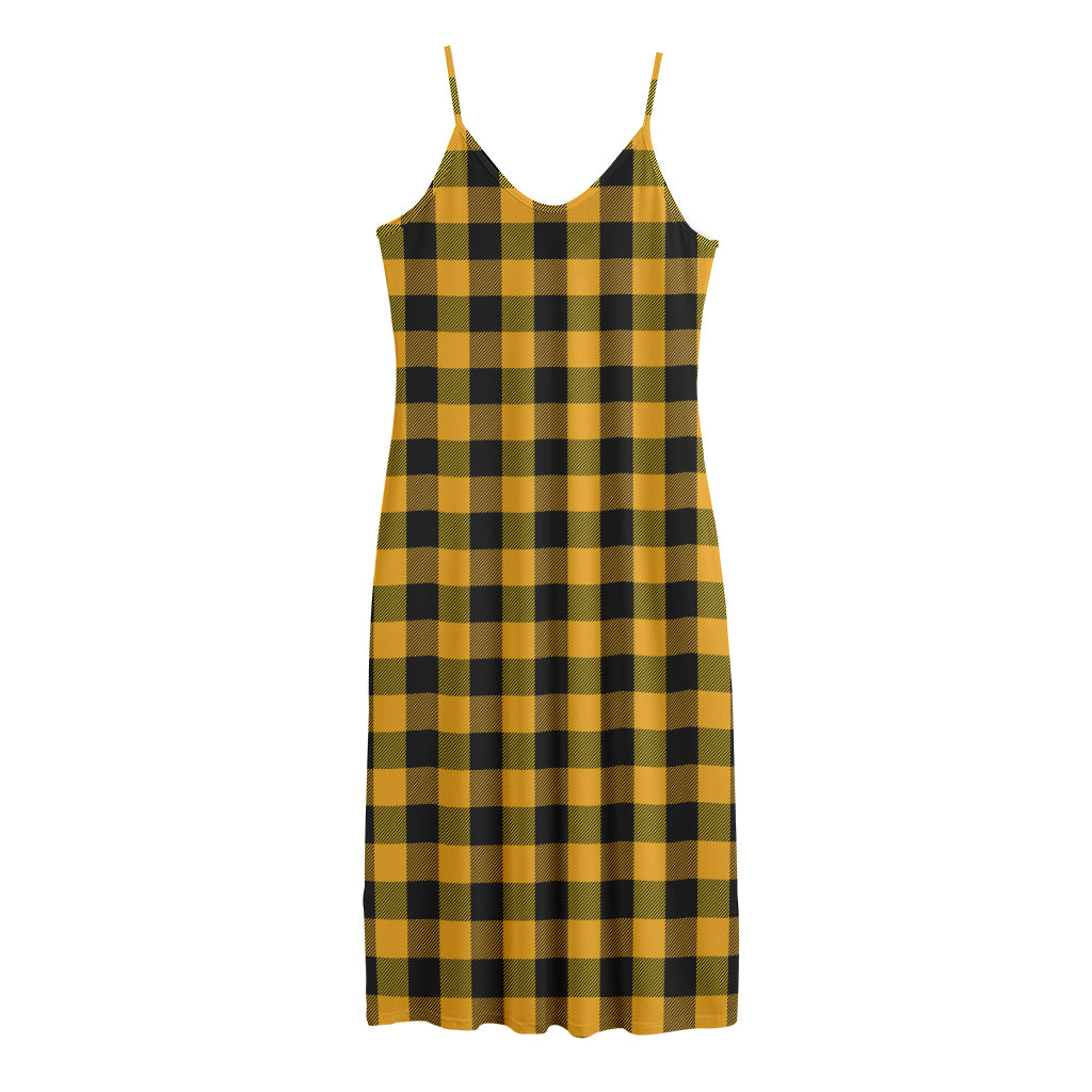 Fire Yellow Buffalo Check Pattern Print Jersey Midi Cami Dress