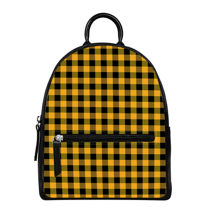 Fire Yellow Buffalo Check Pattern Print Leather Backpack