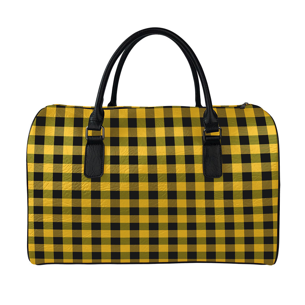 Fire Yellow Buffalo Check Pattern Print Leather Duffle Bag
