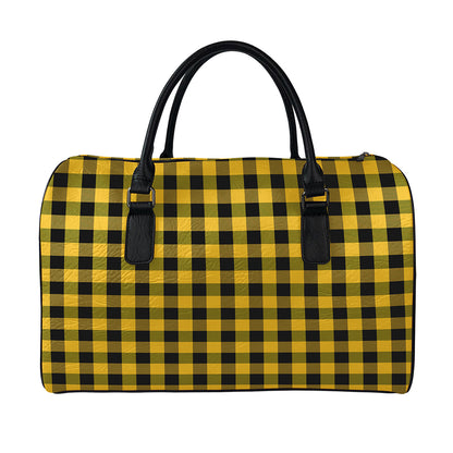 Fire Yellow Buffalo Check Pattern Print Leather Duffle Bag