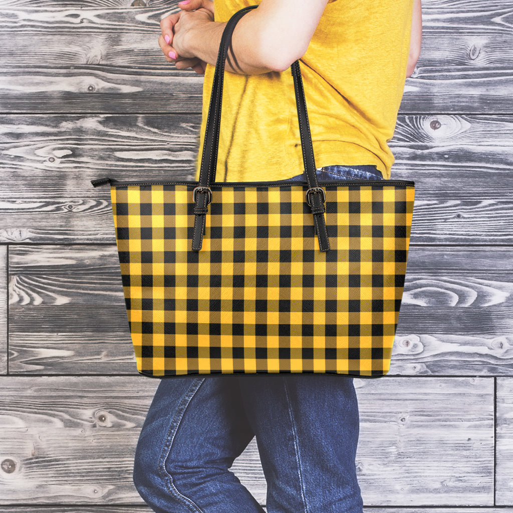 Fire Yellow Buffalo Check Pattern Print Leather Tote Bag