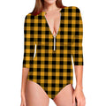 Fire Yellow Buffalo Check Pattern Print Long Sleeve Swimsuit