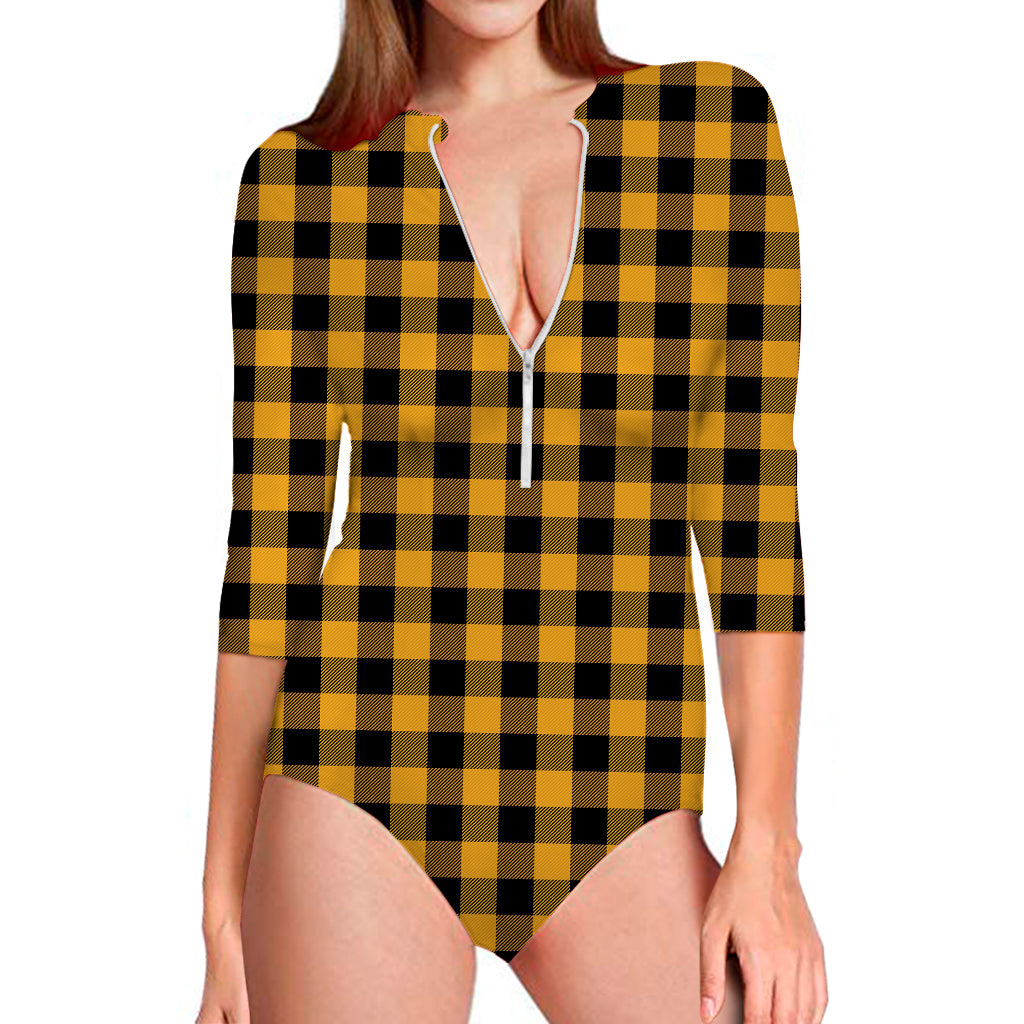 Fire Yellow Buffalo Check Pattern Print Long Sleeve Swimsuit
