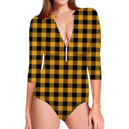 Fire Yellow Buffalo Check Pattern Print Long Sleeve Swimsuit