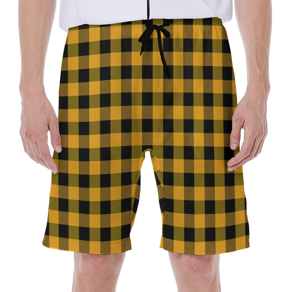 Fire Yellow Buffalo Check Pattern Print Men's Beach Shorts