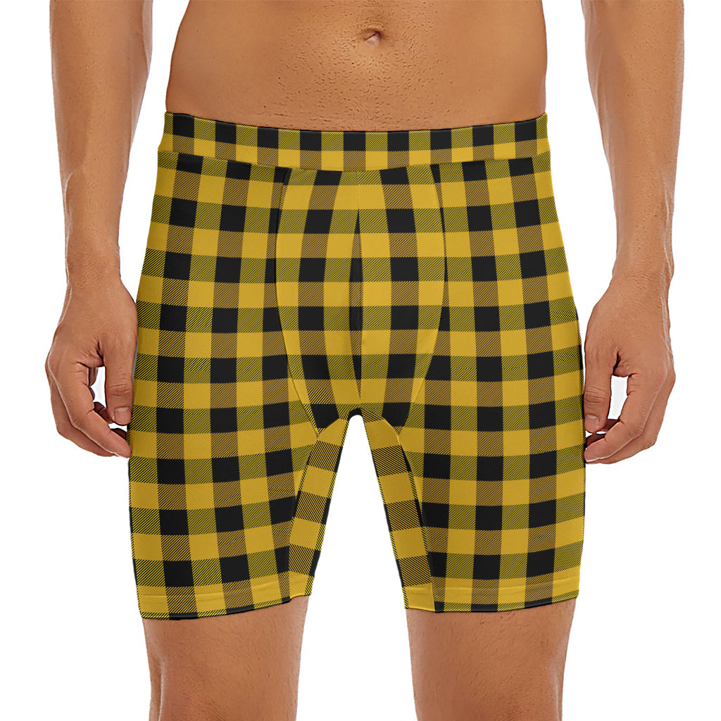 Fire Yellow Buffalo Check Pattern Print Men's Long Boxer Briefs