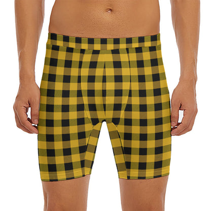 Fire Yellow Buffalo Check Pattern Print Men's Long Boxer Briefs