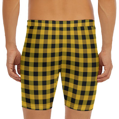 Fire Yellow Buffalo Check Pattern Print Men's Long Boxer Briefs