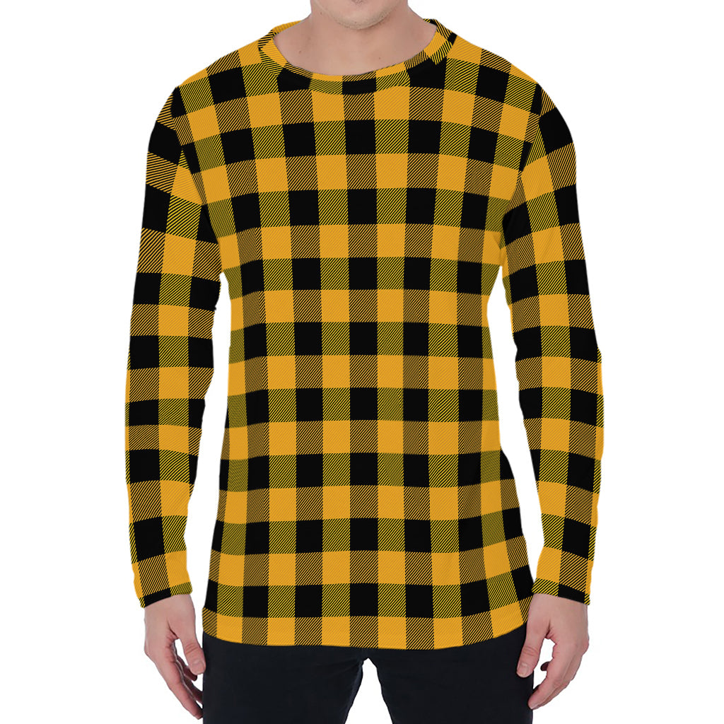Fire Yellow Buffalo Check Pattern Print Men's Long Sleeve T-Shirt