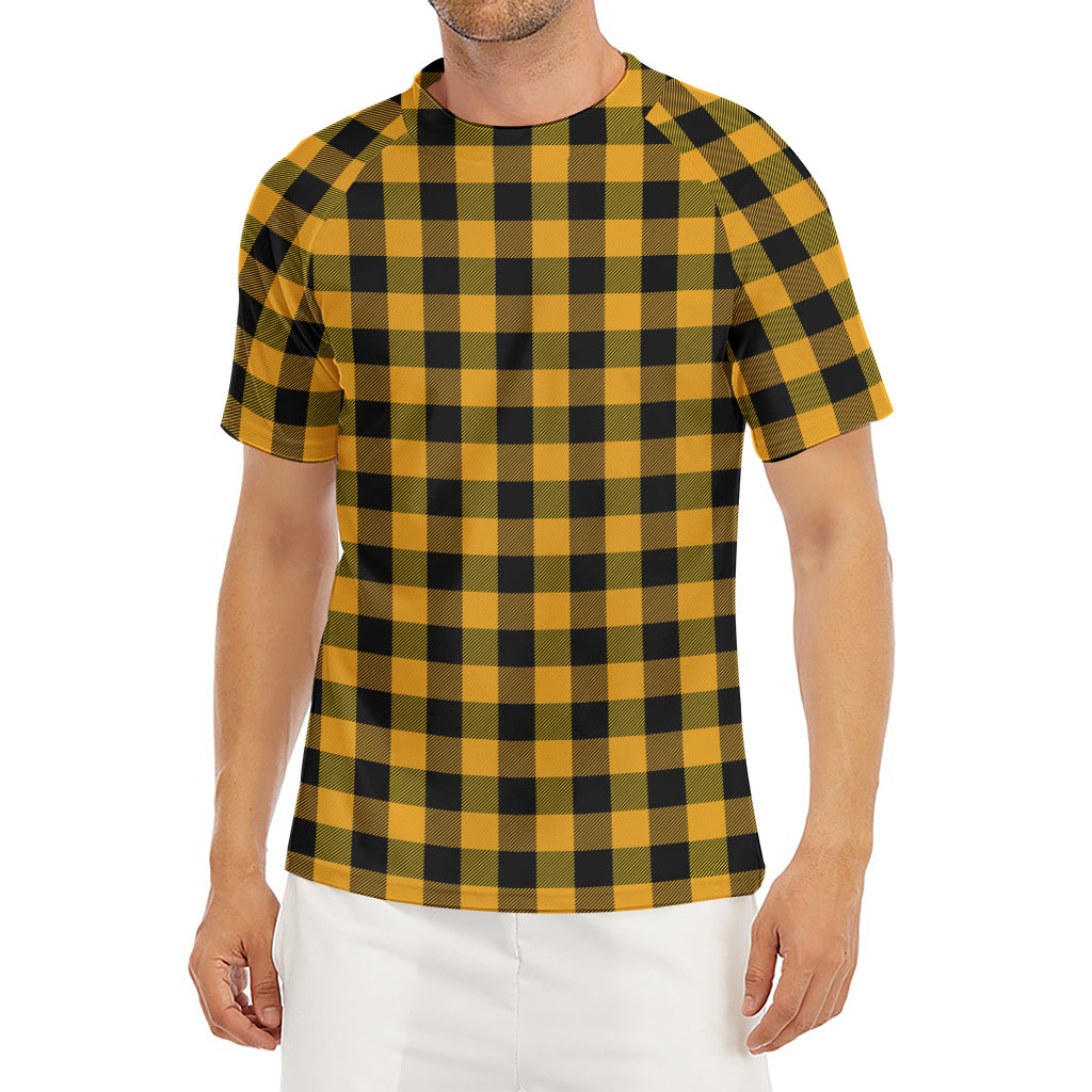 Fire Yellow Buffalo Check Pattern Print Men's Short Sleeve Rash Guard