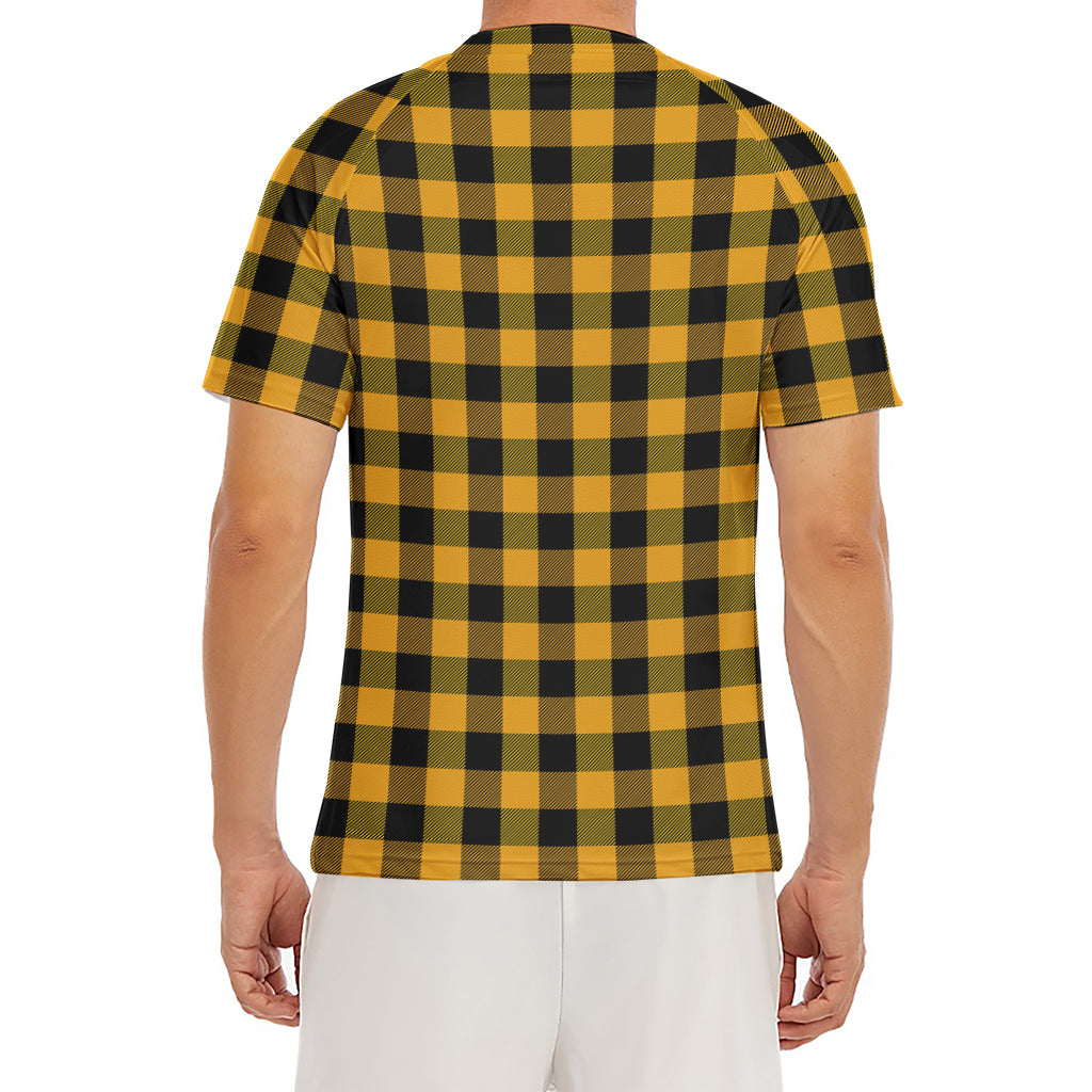 Fire Yellow Buffalo Check Pattern Print Men's Short Sleeve Rash Guard