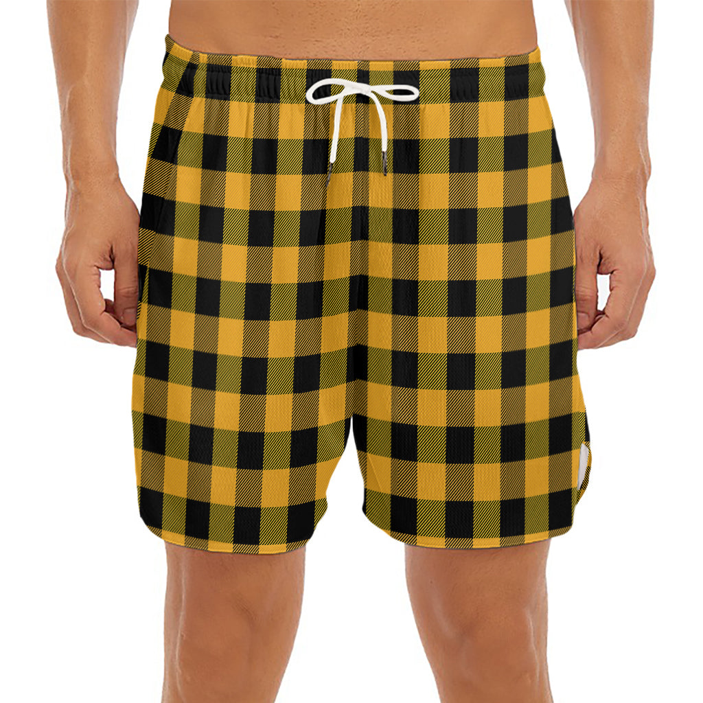 Fire Yellow Buffalo Check Pattern Print Men's Split Running Shorts