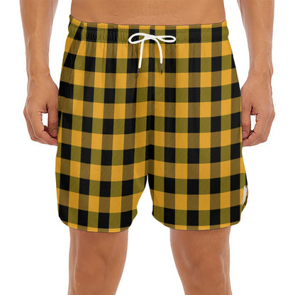 Fire Yellow Buffalo Check Pattern Print Men's Split Running Shorts