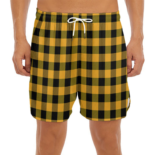 Fire Yellow Buffalo Check Pattern Print Men's Split Running Shorts