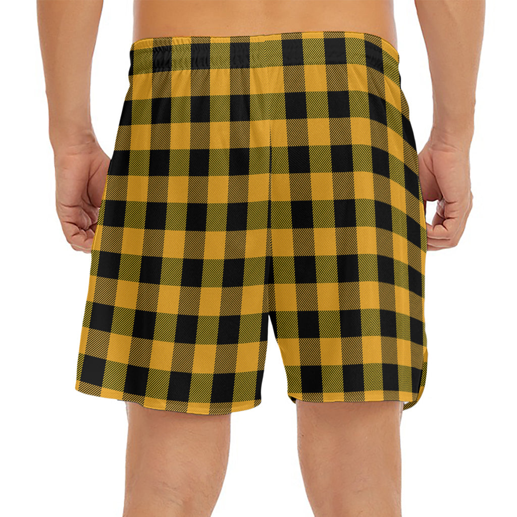 Fire Yellow Buffalo Check Pattern Print Men's Split Running Shorts