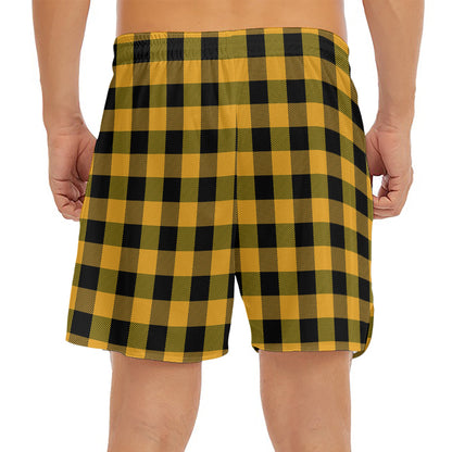 Fire Yellow Buffalo Check Pattern Print Men's Split Running Shorts