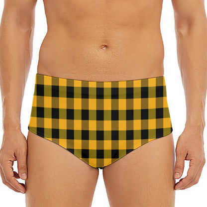 Fire Yellow Buffalo Check Pattern Print Men's Triangle Swim Briefs