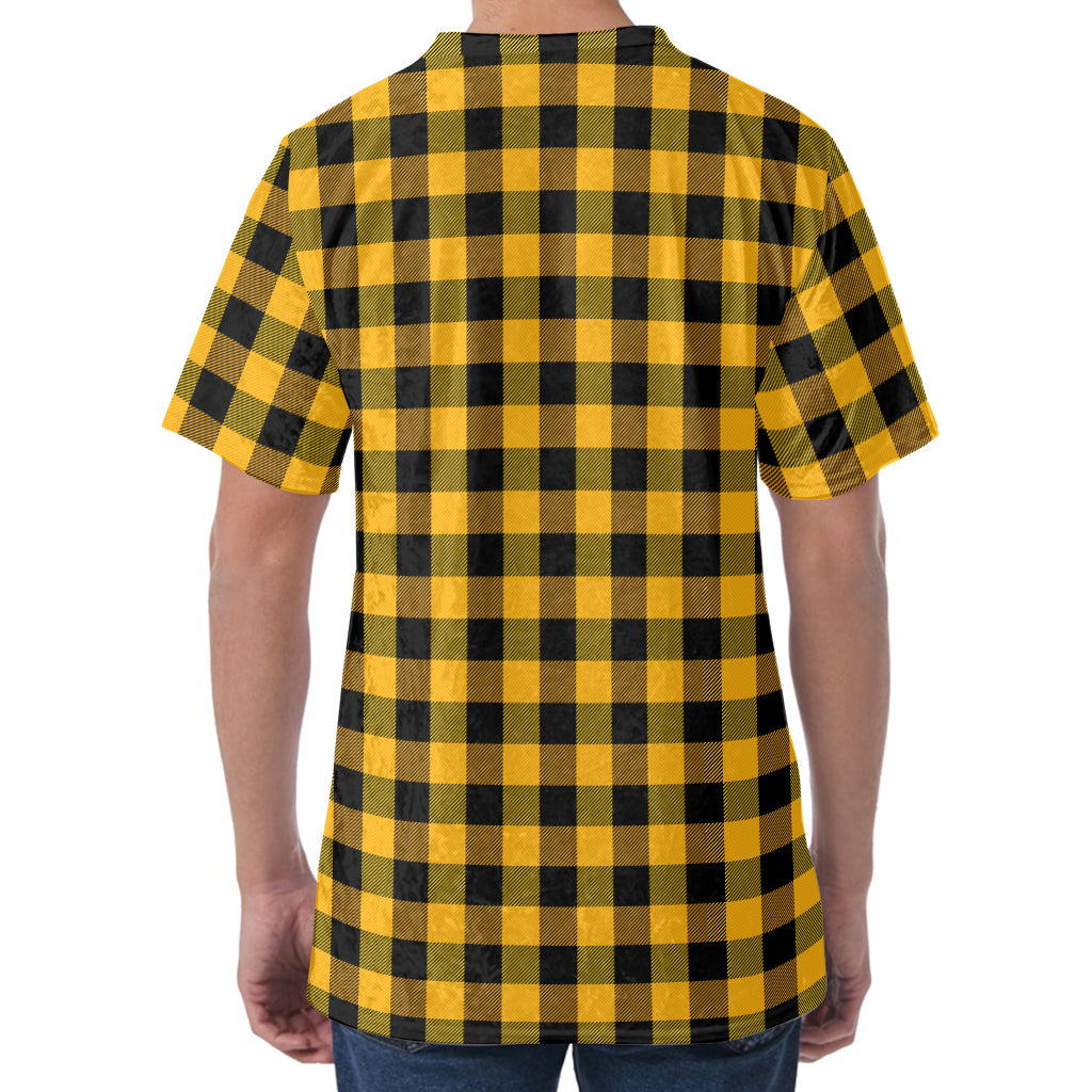 Fire Yellow Buffalo Check Pattern Print Men's Velvet T-Shirt