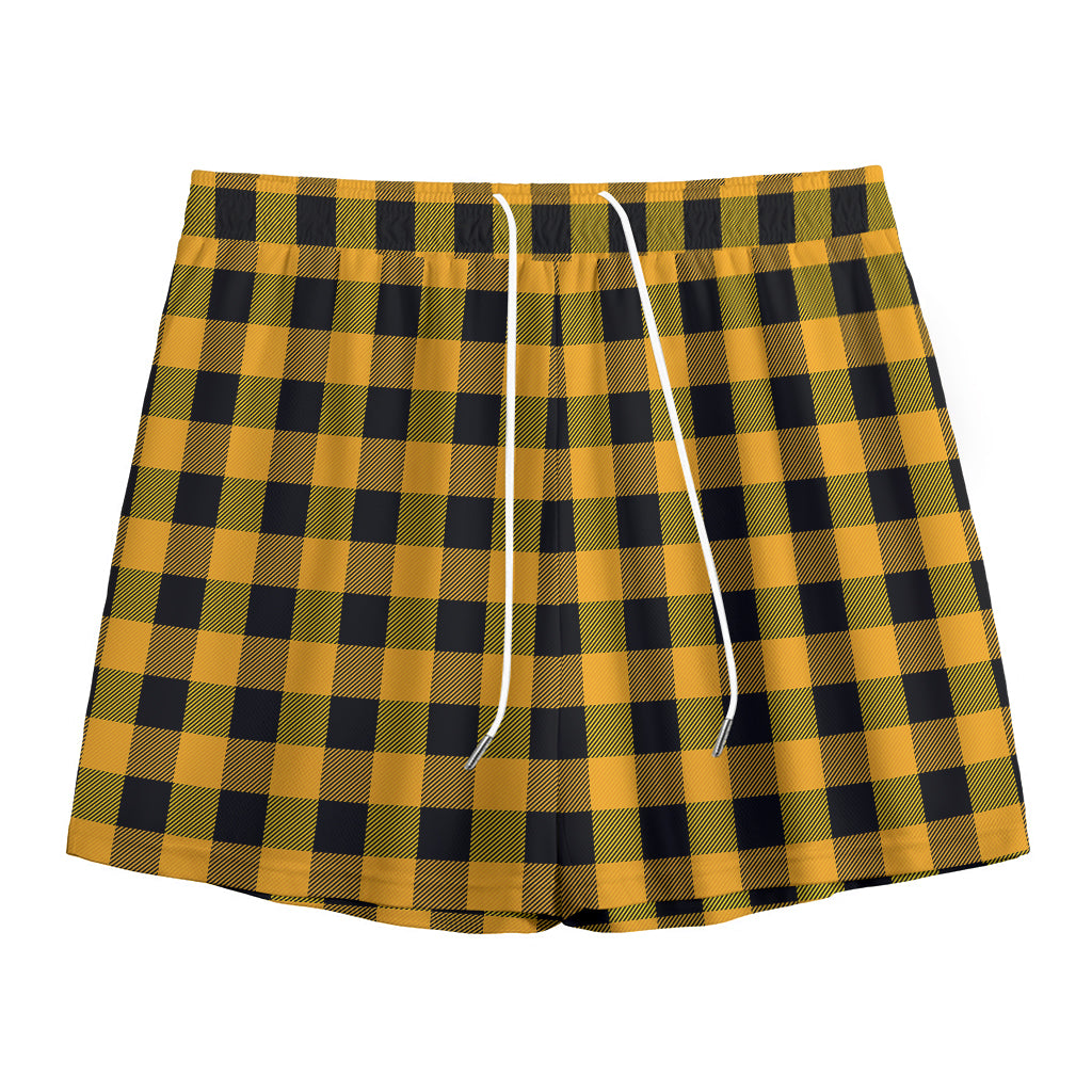 Fire Yellow Buffalo Check Pattern Print Mesh Shorts