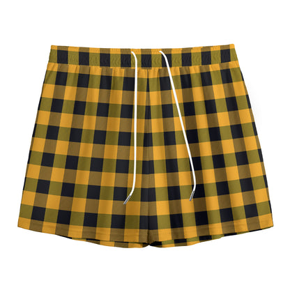 Fire Yellow Buffalo Check Pattern Print Mesh Shorts