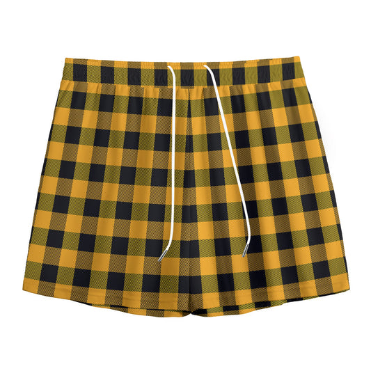 Fire Yellow Buffalo Check Pattern Print Mesh Shorts