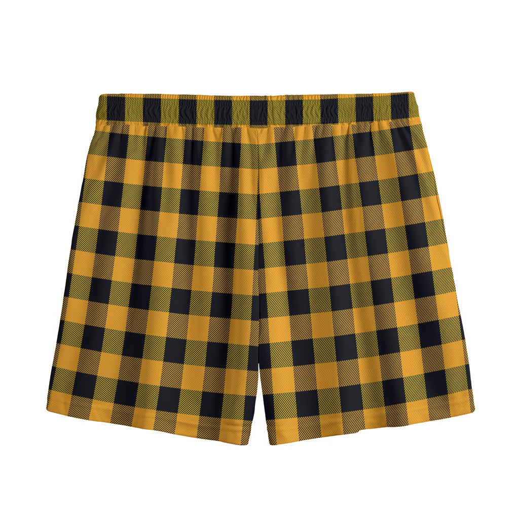 Fire Yellow Buffalo Check Pattern Print Mesh Shorts