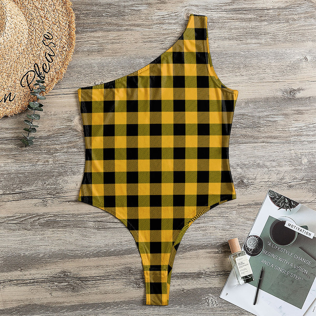 Fire Yellow Buffalo Check Pattern Print One Shoulder Bodysuit