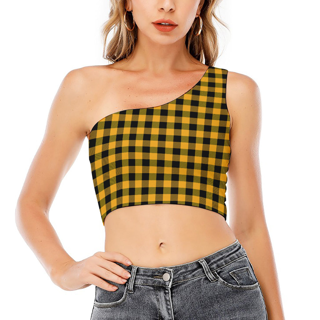 Fire Yellow Buffalo Check Pattern Print One Shoulder Crop Top
