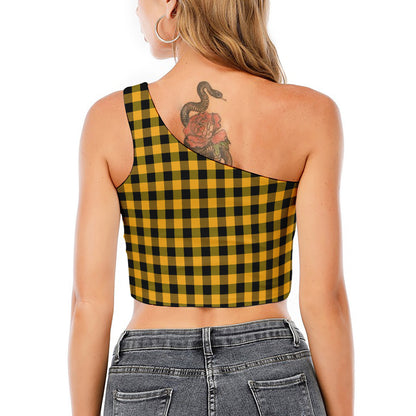 Fire Yellow Buffalo Check Pattern Print One Shoulder Crop Top