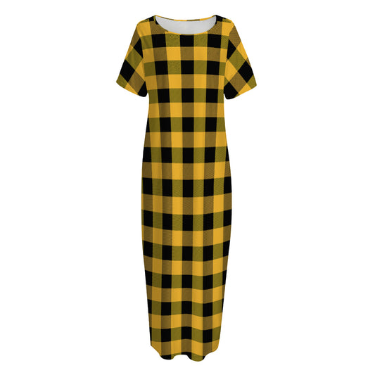 Fire Yellow Buffalo Check Pattern Print Short Sleeve Long Nightdress