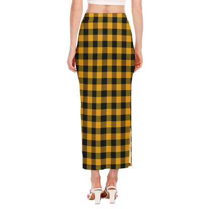 Fire Yellow Buffalo Check Pattern Print Side Slit Maxi Skirt