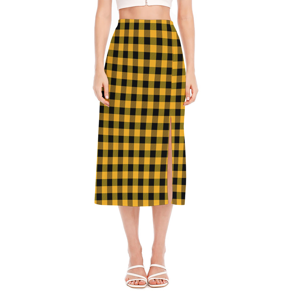 Fire Yellow Buffalo Check Pattern Print Side Slit Midi Skirt